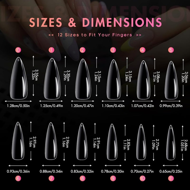 ranrose Long Almond Nail Tips 240pcs Stiletto Soft Gel False Nails 12 Sizes Clear Full Cover Almond Shaped Press on Nail for Nail Extensions - Image 4
